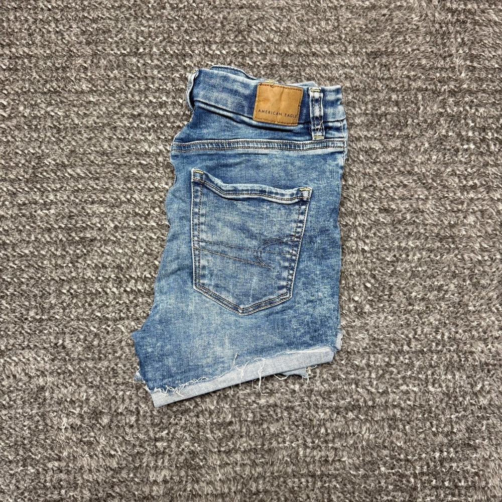 American Eagle Womens Curvy‎ Hi-Rise Shortie Shorts 00 Blue Distressed Stretch